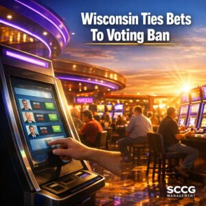 Self-service betting kiosk on a vibrant Wisconsin casino floor with a hand placing an election wager under warm directional sunlight.