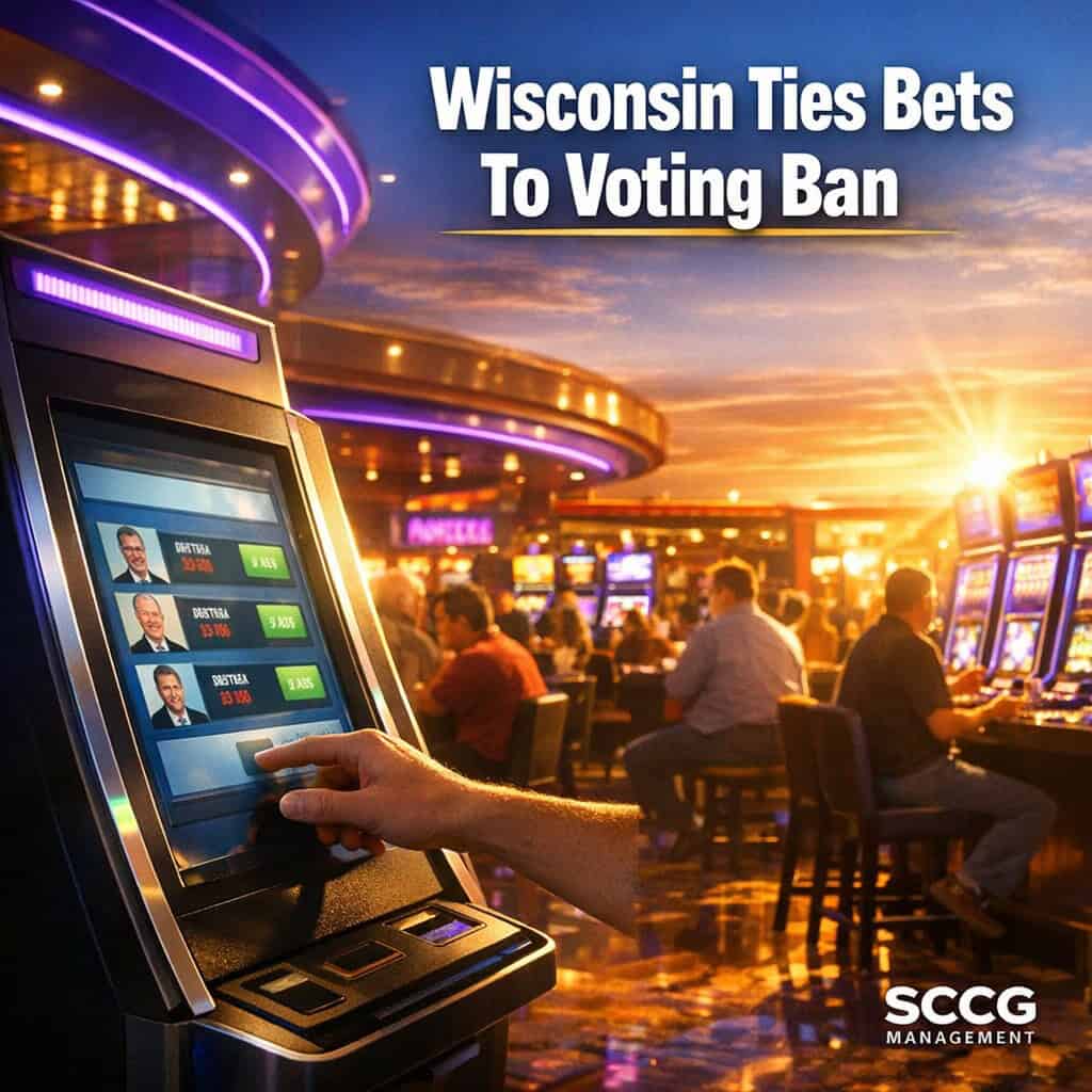 Self-service betting kiosk on a vibrant Wisconsin casino floor with a hand placing an election wager under warm directional sunlight.