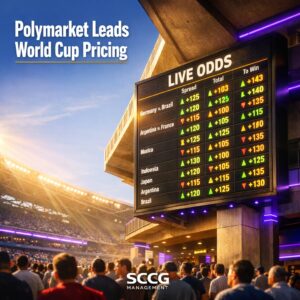 Large glowing sportsbook odds board displaying live World Cup betting lines inside a bright busy stadium concourse.