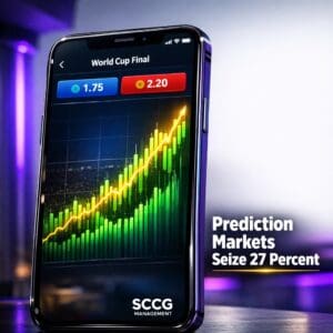 Smartphone displaying Polymarket prediction market app with surging World Cup betting volume and live odds.