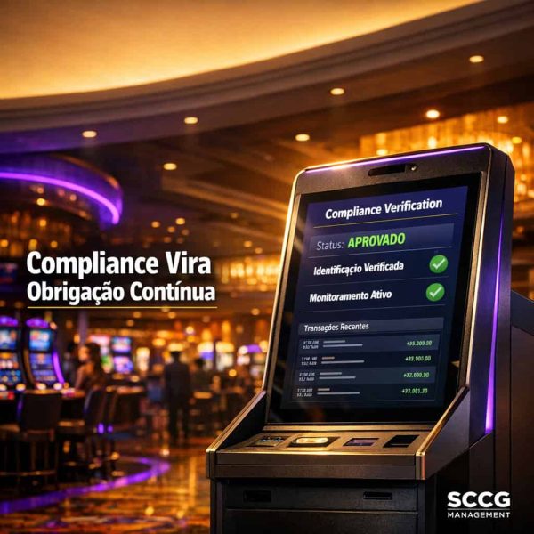 Self-service betting terminal on a vibrant regulated casino floor displaying active real-time compliance verification interface.