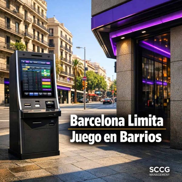 Self-service betting terminal on a sunny Barcelona street in one of the 24 regulated vulnerable neighborhoods.