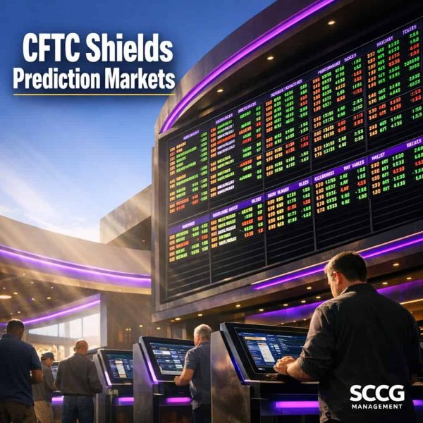 Large glowing sportsbook odds board over a busy casino floor with active betting kiosks as the CFTC shields prediction markets from a 26-state lawsuit.
