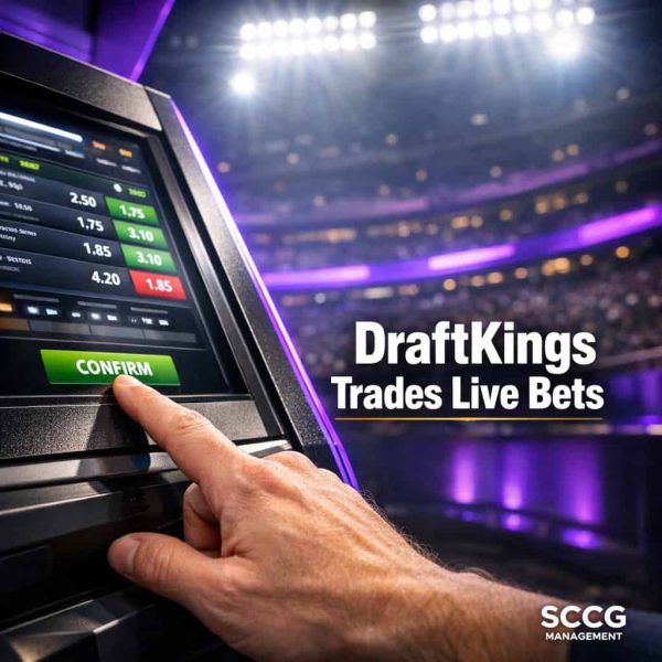 Hand confirming a live bet on a self-service sports betting terminal with real-time odds updating on screen.