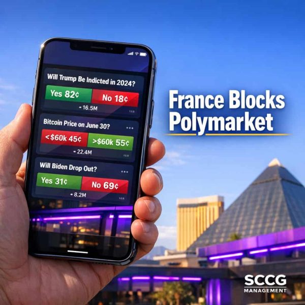 Polymarket betting app displayed on a smartphone showing live prediction market odds under bright daylight.