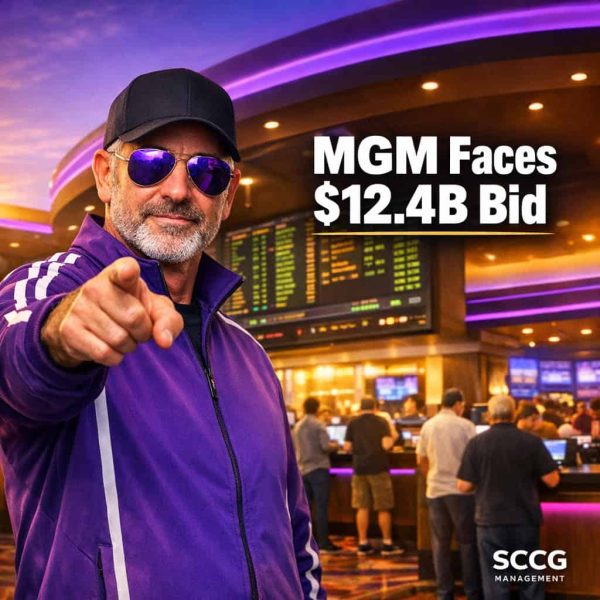 Steve stands confidently on a vibrant MGM casino floor before a glowing sportsbook odds board as patrons place bets under bright golden light.
