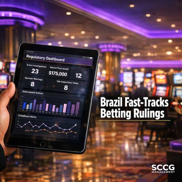 Busy sportsbook counter on a vibrant regulated casino floor with a hand placing a bet at a self-service terminal under bright directional light.