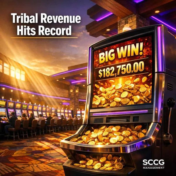 Busy tribal casino slot floor bathed in golden sunlight with a prominent electronic gaming machine showing a large winning payout.