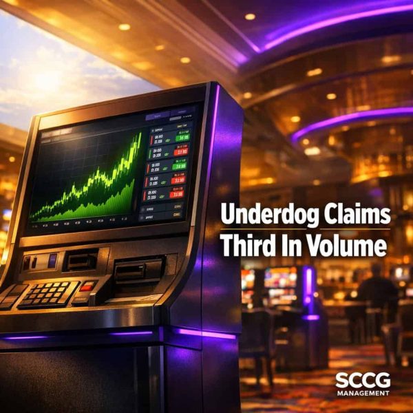 Self-service betting terminal on a vibrant casino floor displays surging prediction market volume and live contracts.