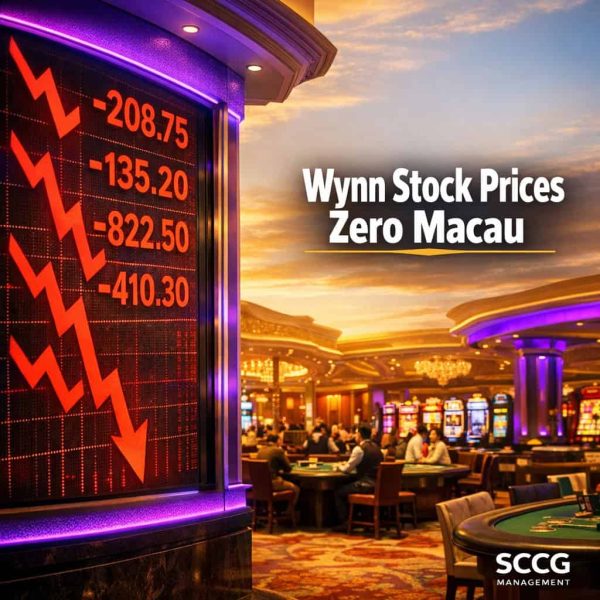 Empty Wynn Macau gaming table with scattered chips and playing cards under bright daylight, evoking zero valuation of the asset.
